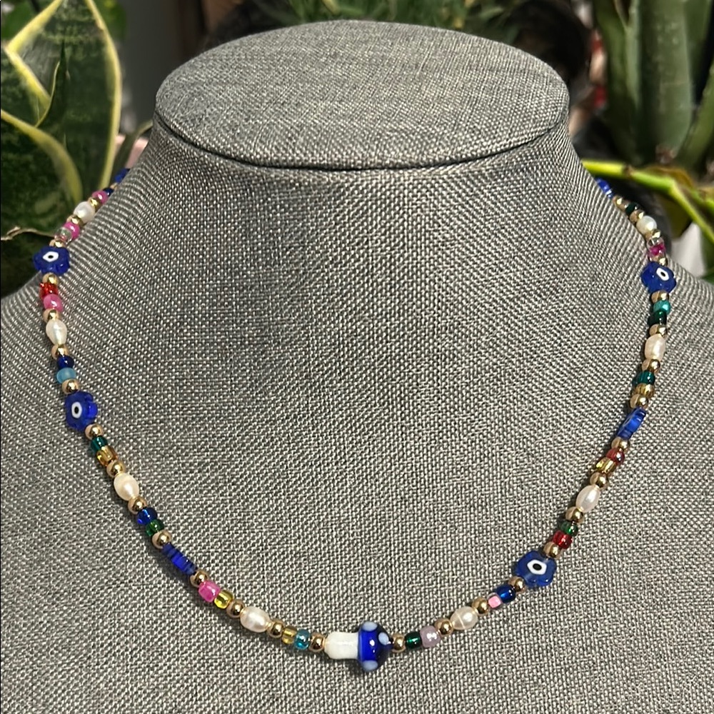 ✨ Handmade freshwater pearl + evil eye flower Multicolor Beaded Necklace…